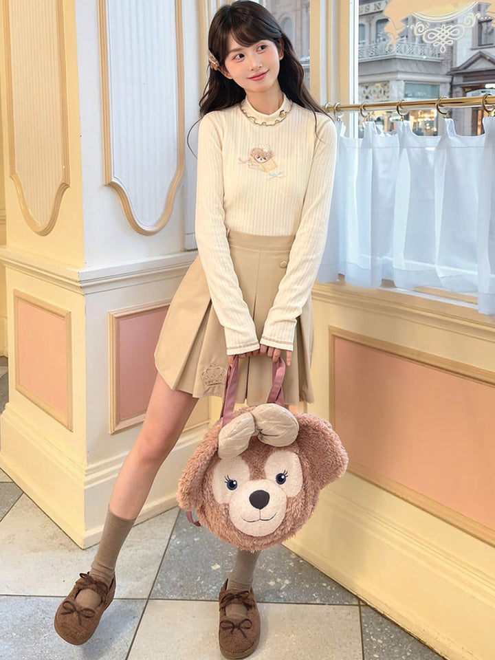Bear Embroidered Mock Neck Top