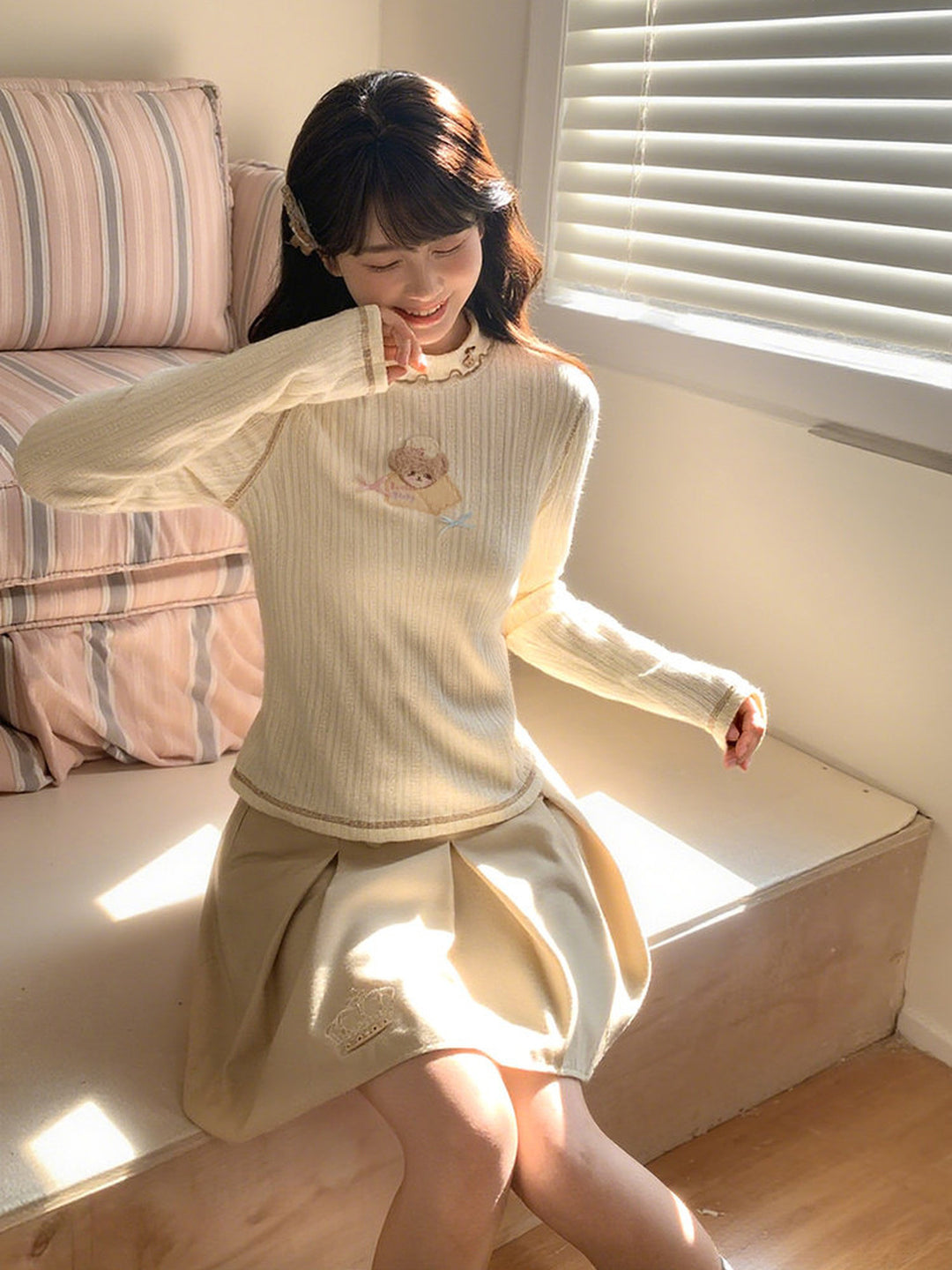 Bear Embroidered Mock Neck Top