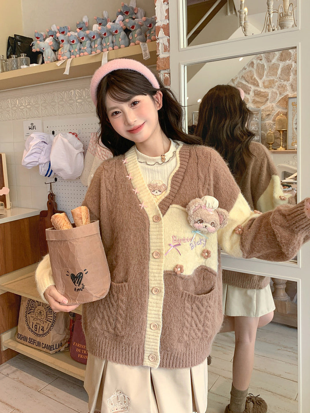 Bear Embroidered Mock Neck Top
