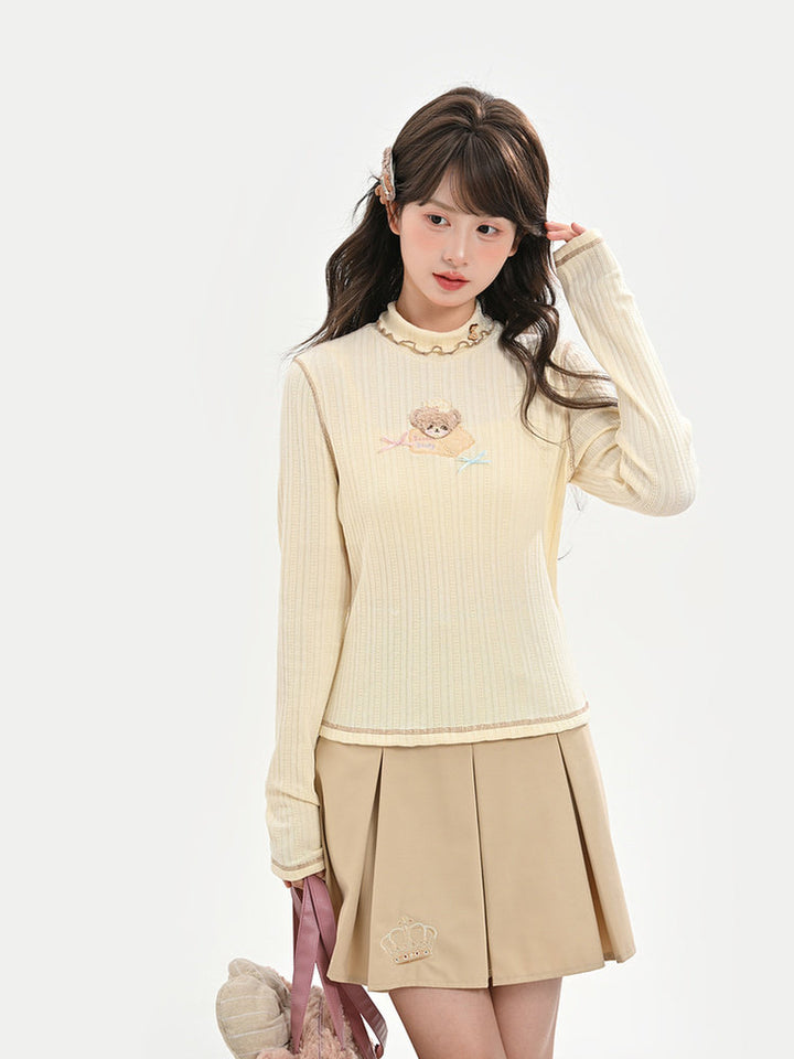 Bear Embroidered Mock Neck Top