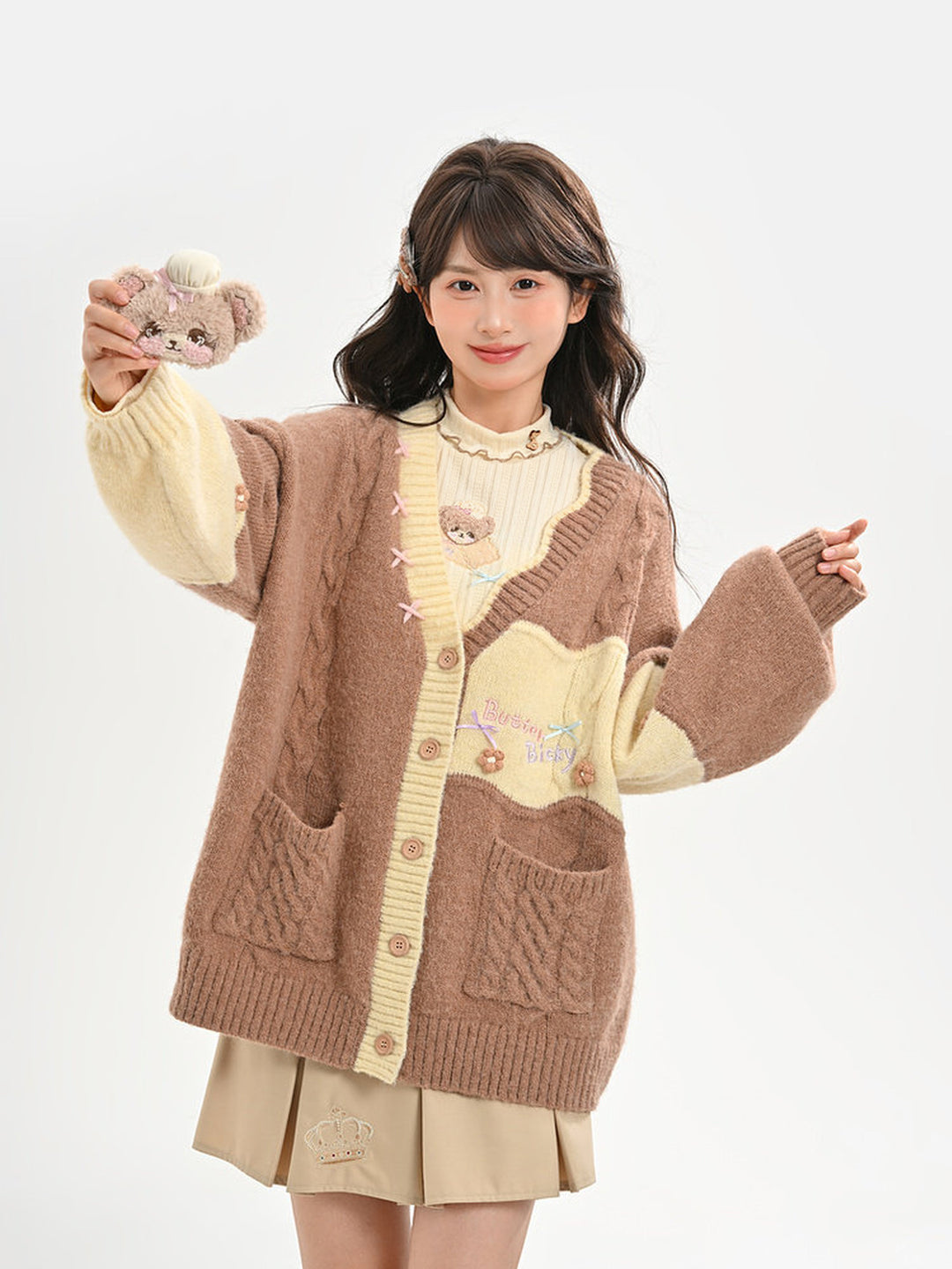Bear Embroidered Mock Neck Top