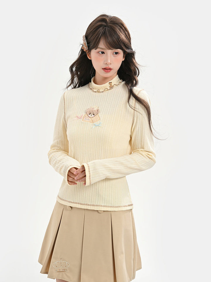 Bear Embroidered Mock Neck Top