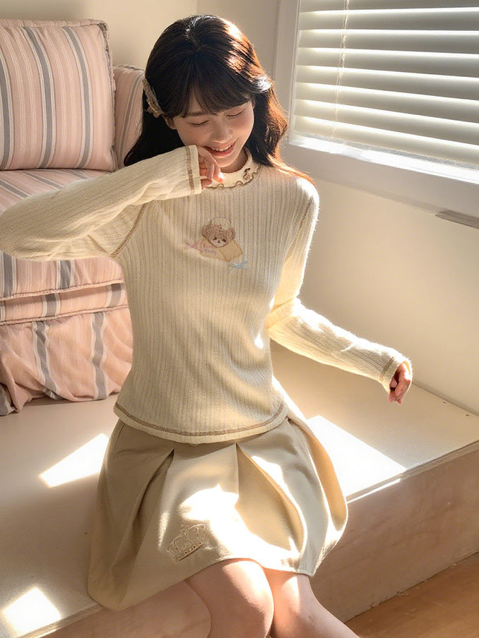 Bear Embroidered Mock Neck Top