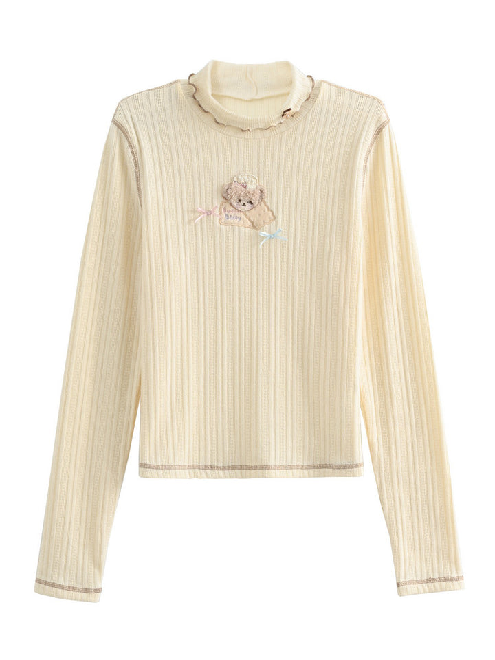 Bear Embroidered Mock Neck Top