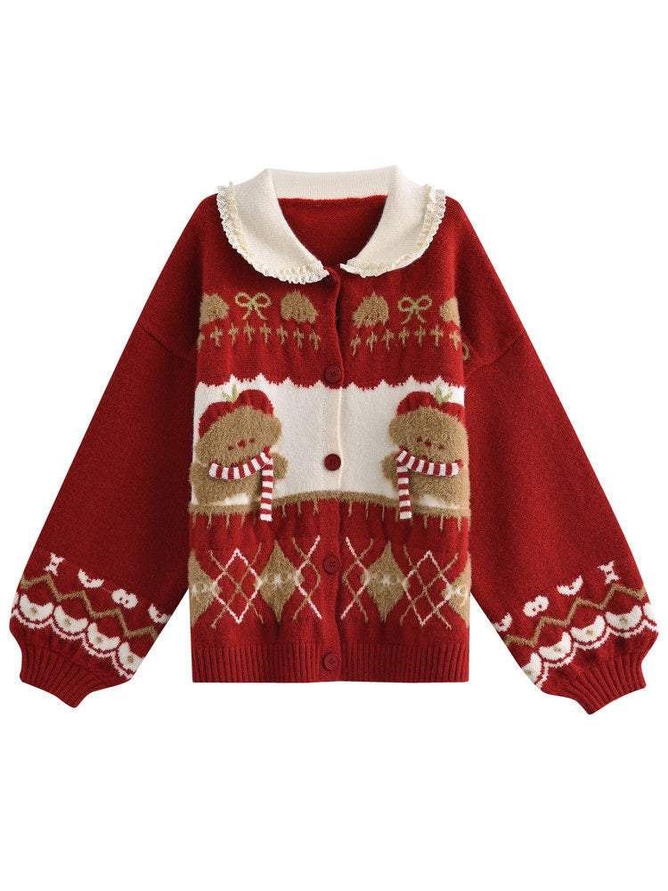Teddy Bear Lace Collar Cardigan