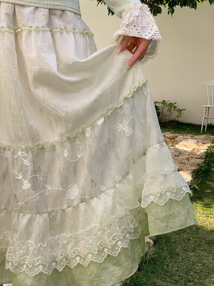 Mori Kei Floral Lace Midi Skirt