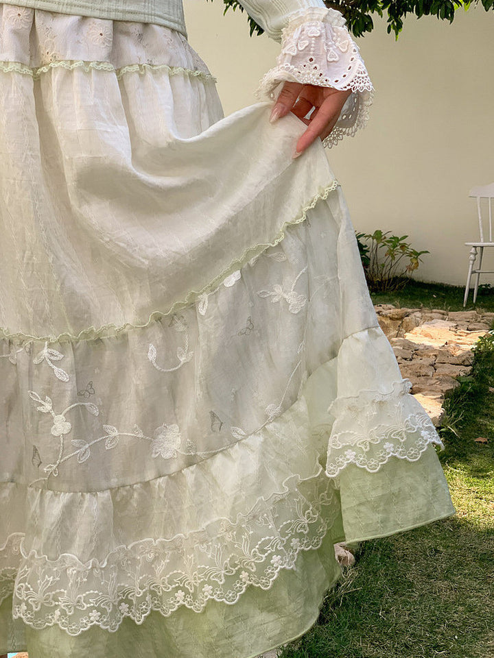 Mori Kei Floral Lace Midi Skirt