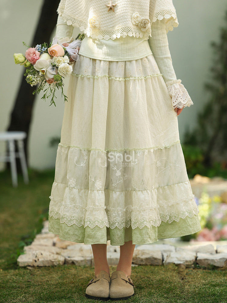 Mori Kei Floral Lace Midi Skirt