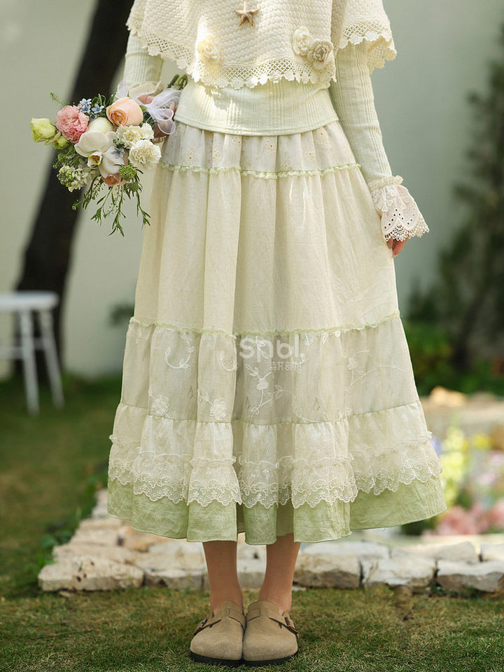 Mori Kei Floral Lace Midi Skirt
