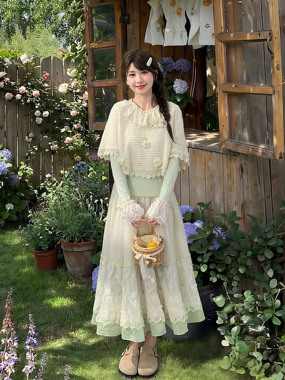 Mori Kei Floral Lace Midi Skirt