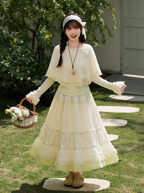 Mori Kei Floral Lace Midi Skirt
