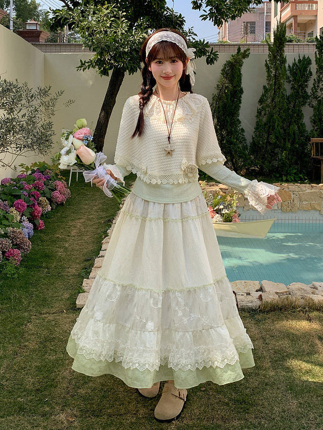 Mori Kei Floral Lace Midi Skirt