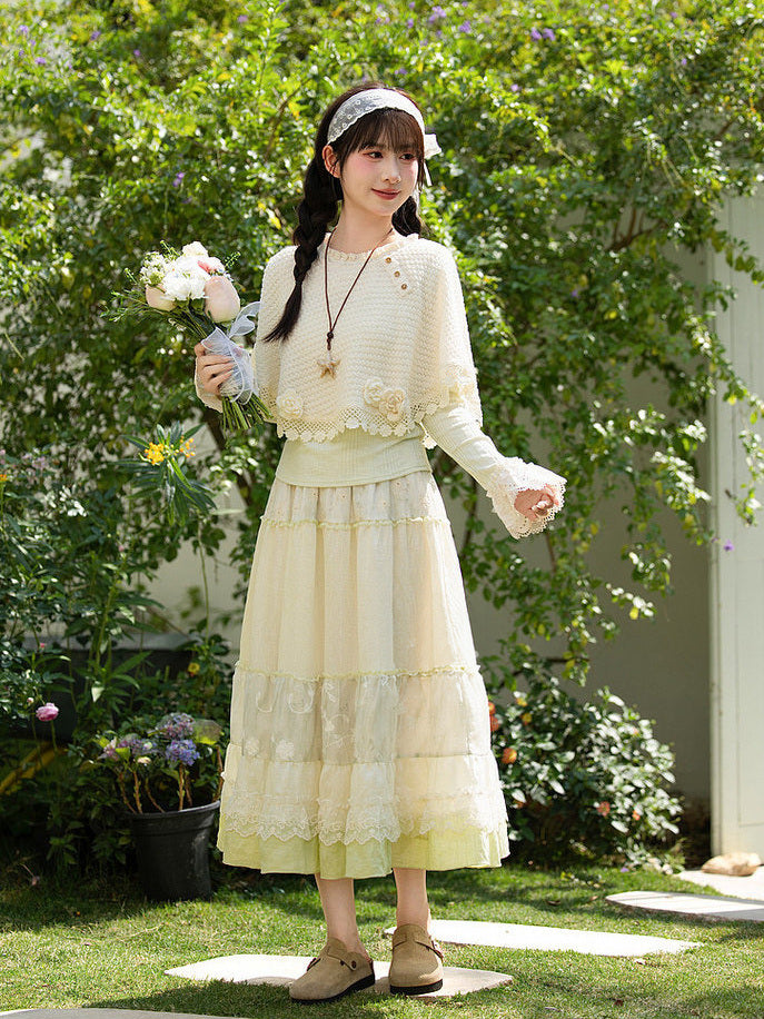 Mori Kei Floral Lace Midi Skirt