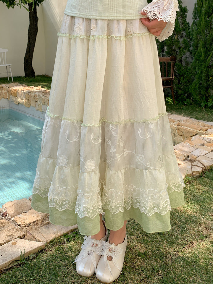 Mori Kei Floral Lace Midi Skirt