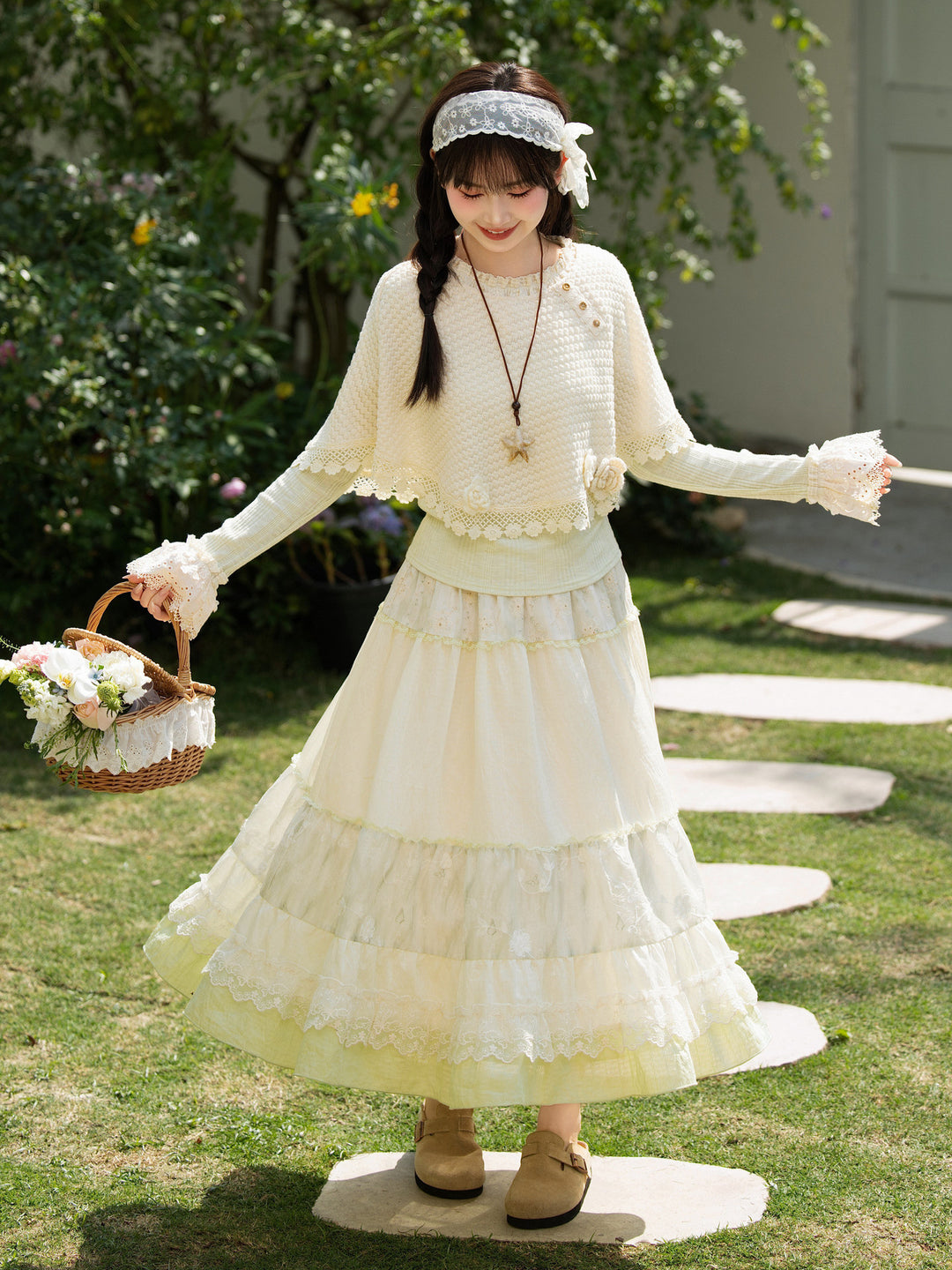 Mori Kei Floral Lace Midi Skirt
