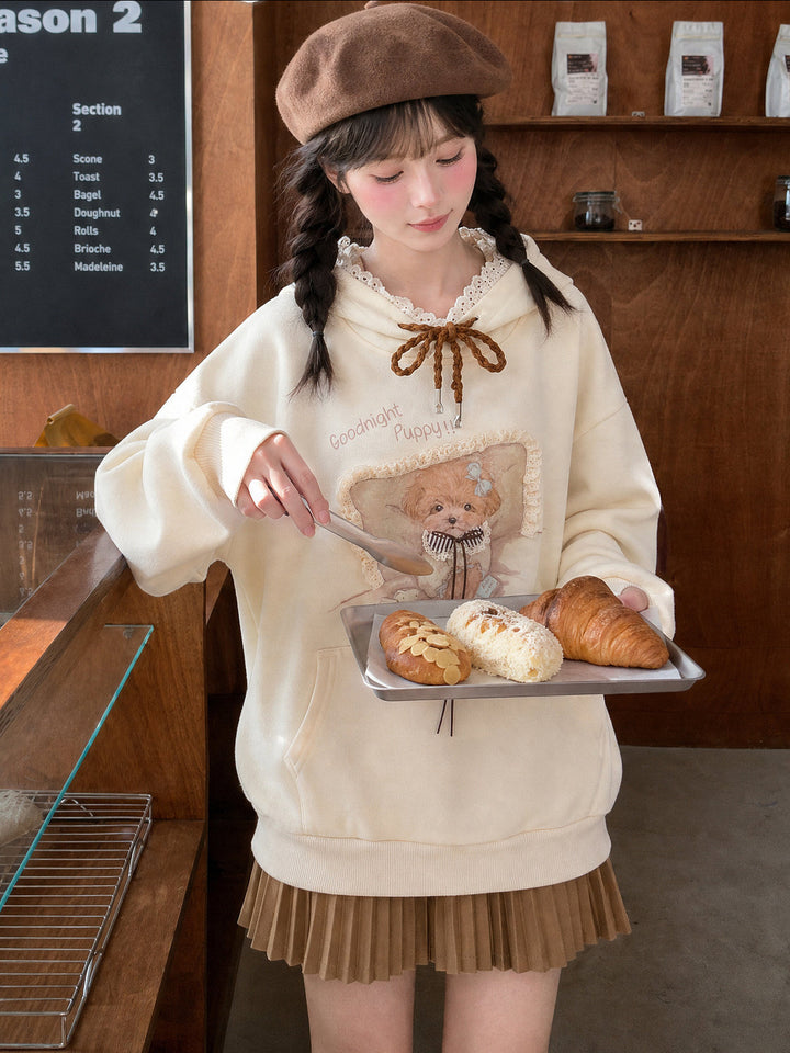 Lace Trim Puppy Graphic Hoodie