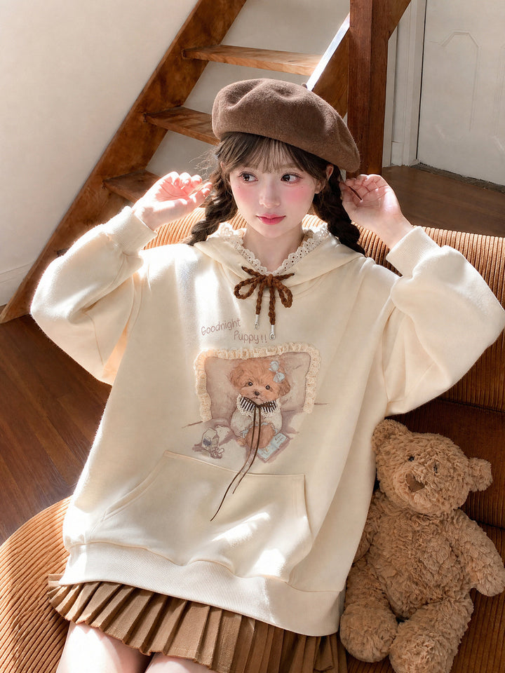 Lace Trim Puppy Graphic Hoodie