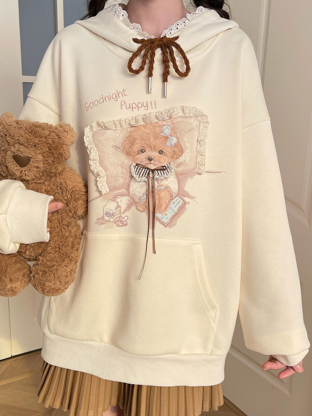 Lace Trim Puppy Graphic Hoodie