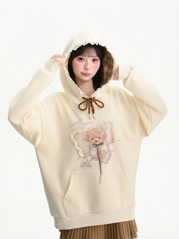 Lace Trim Puppy Graphic Hoodie