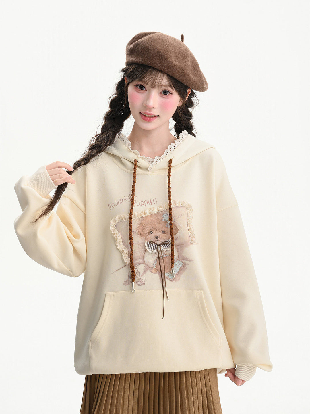 Lace Trim Puppy Graphic Hoodie