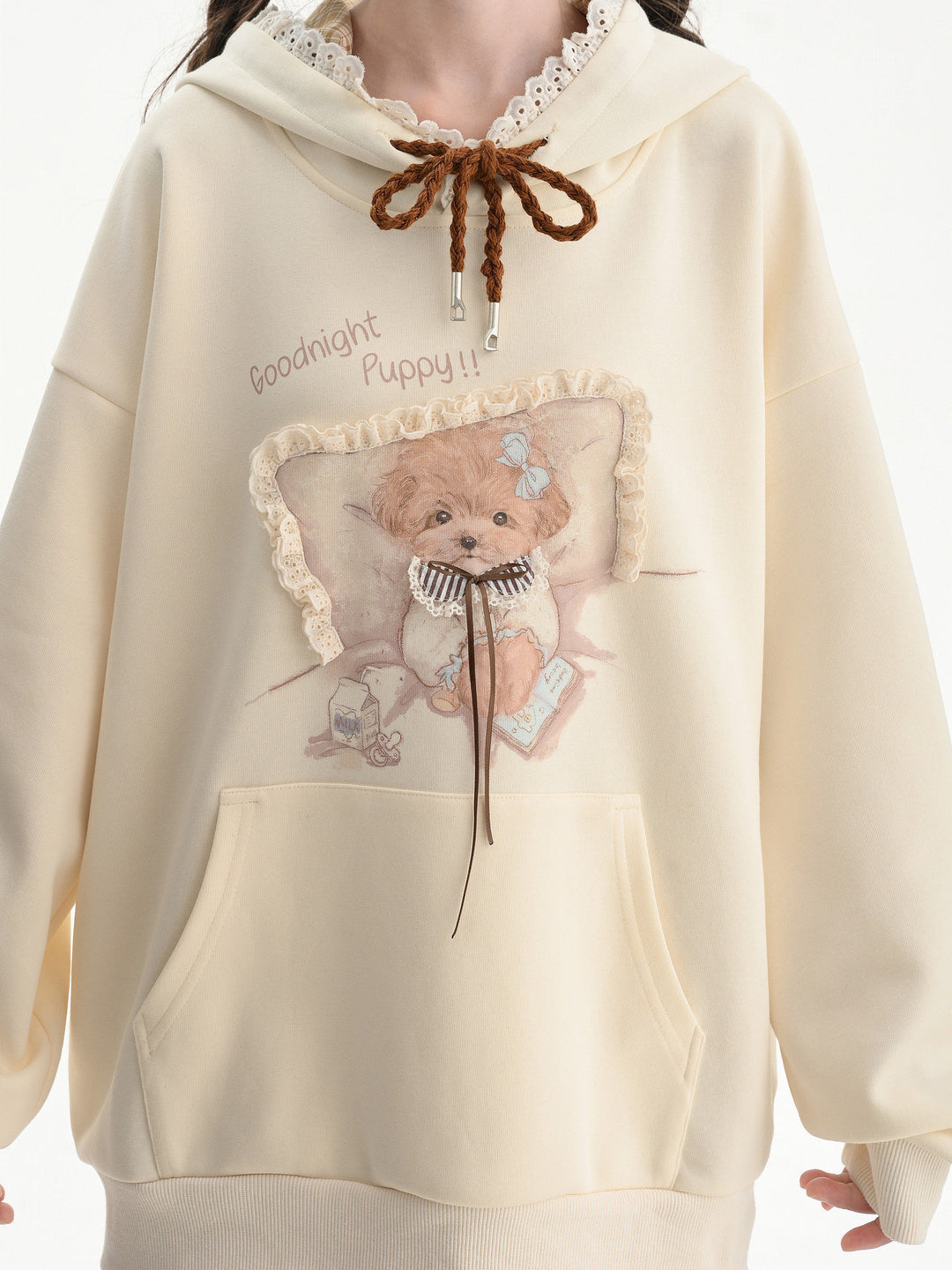 Lace Trim Puppy Graphic Hoodie