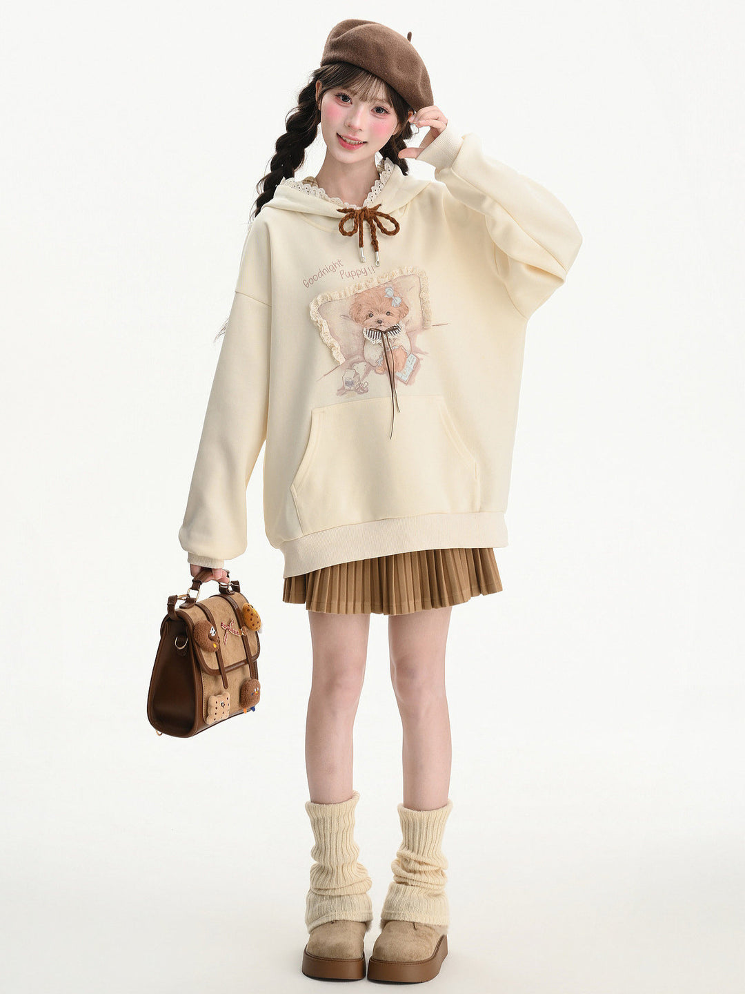 Lace Trim Puppy Graphic Hoodie