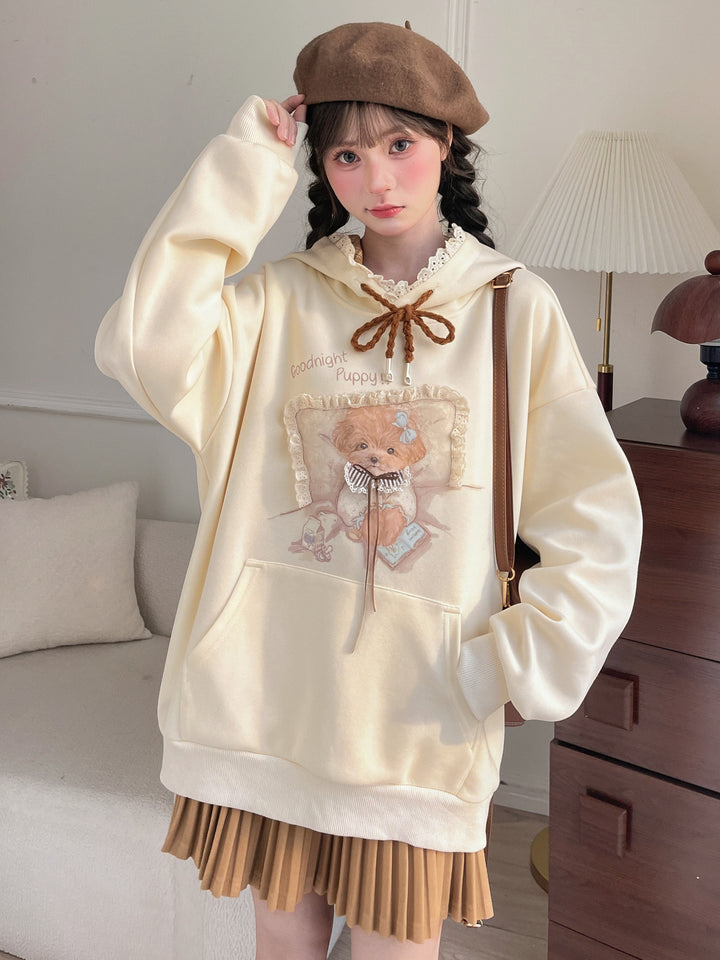 Lace Trim Puppy Graphic Hoodie