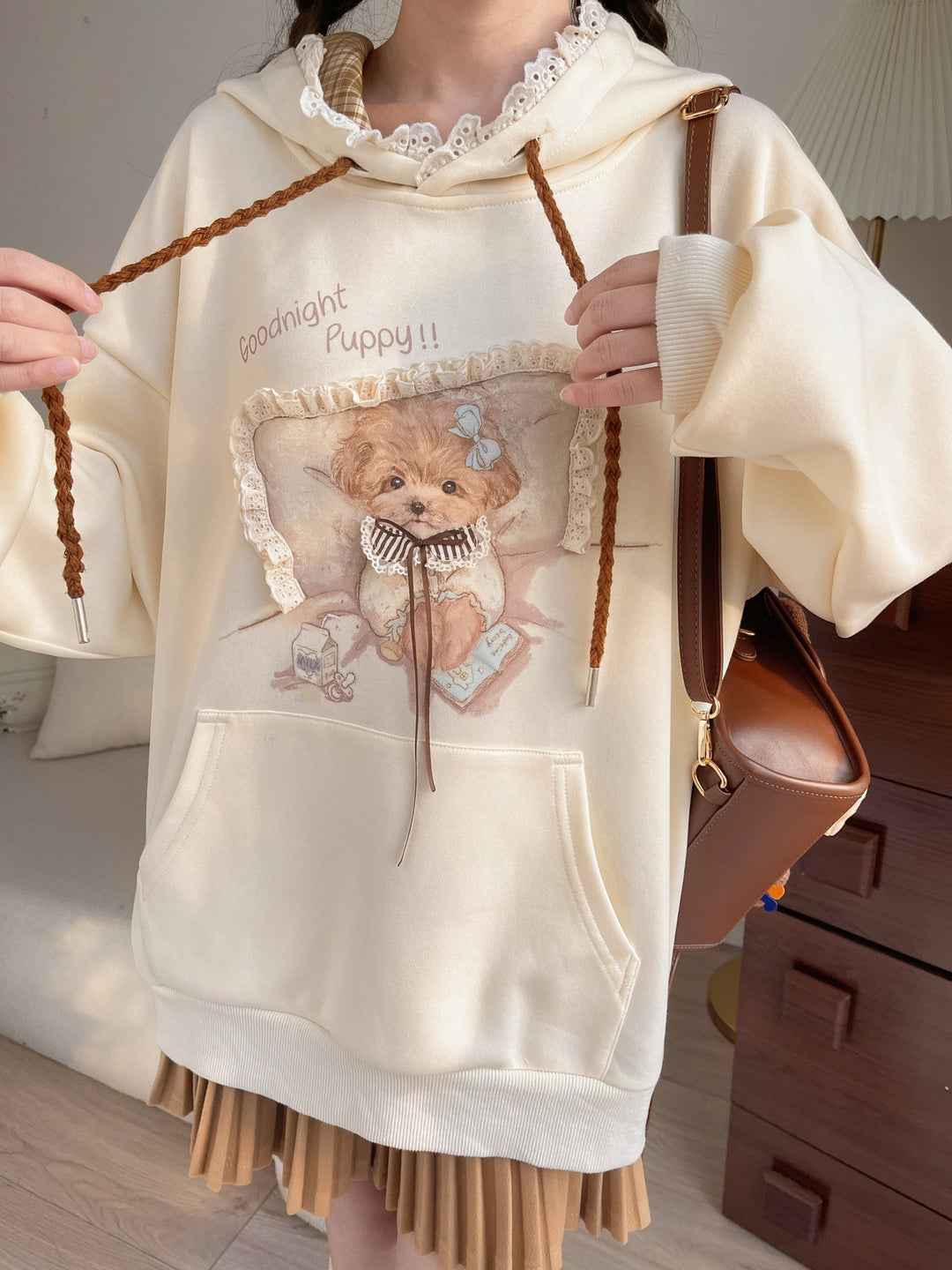 Lace Trim Puppy Graphic Hoodie