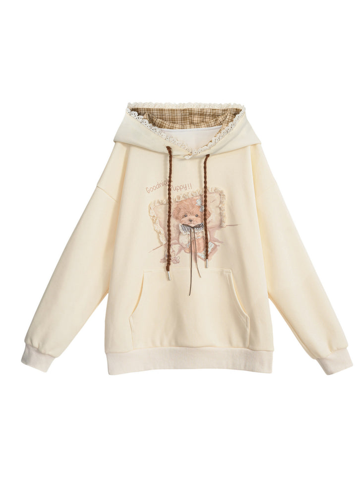 Lace Trim Puppy Graphic Hoodie
