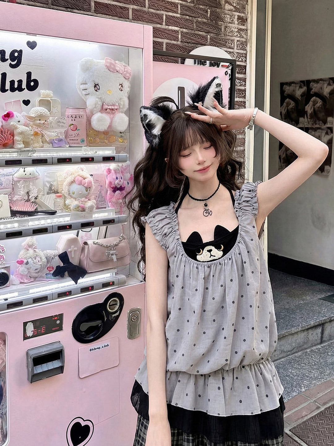 Polka Dot Cat Faux Two-Piece Top