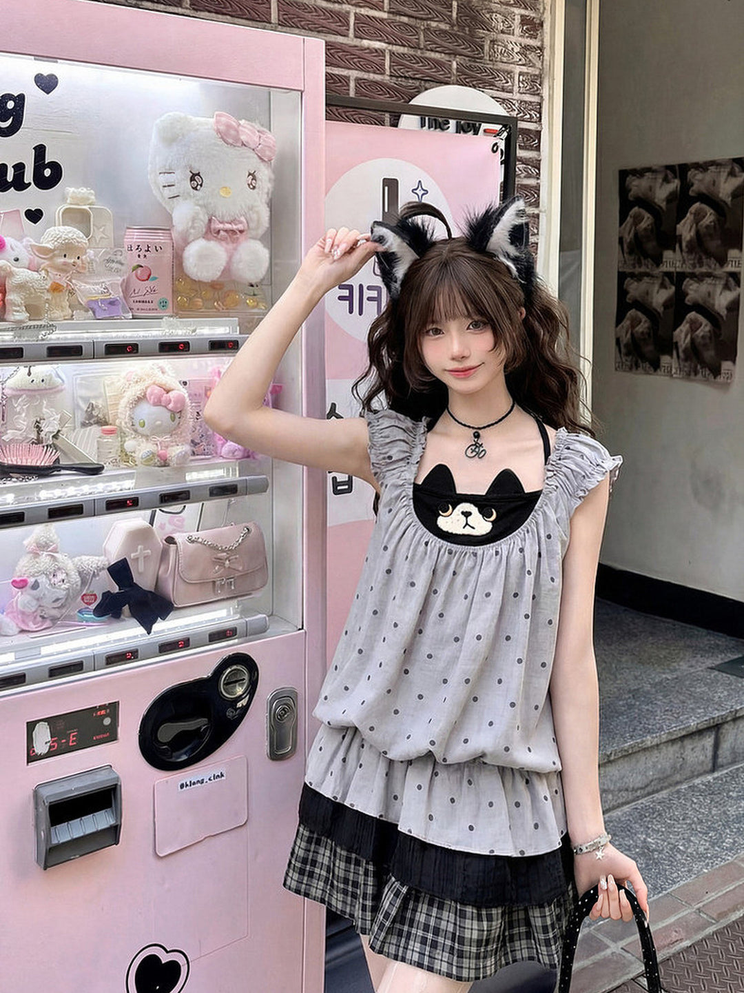 Polka Dot Cat Faux Two-Piece Top