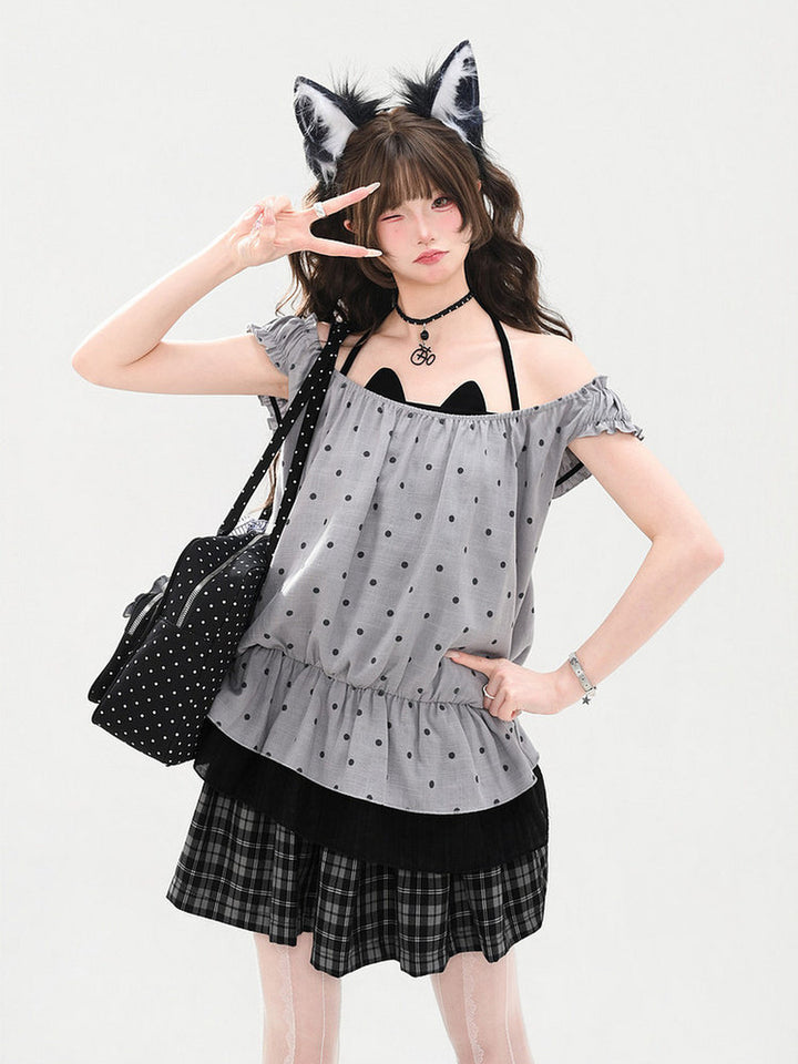 Polka Dot Cat Faux Two-Piece Top