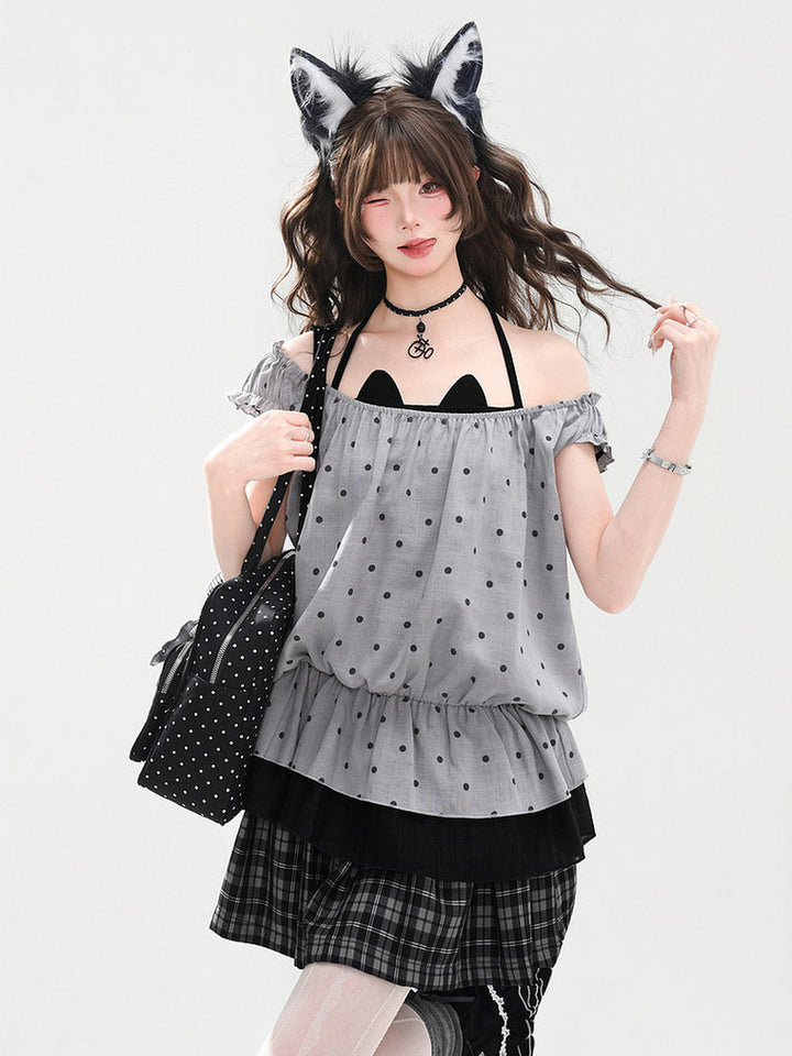 Polka Dot Cat Faux Two-Piece Top