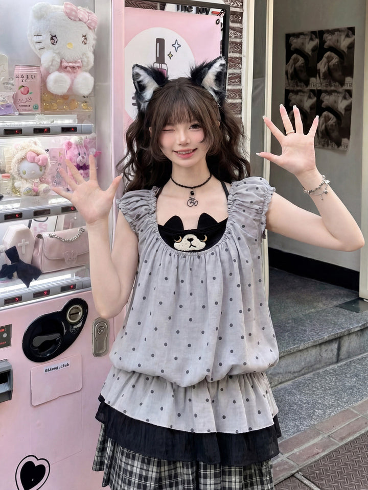 Polka Dot Cat Faux Two-Piece Top