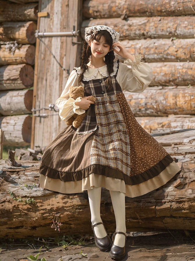 Mori Kei Patchwork Pinafore Dress