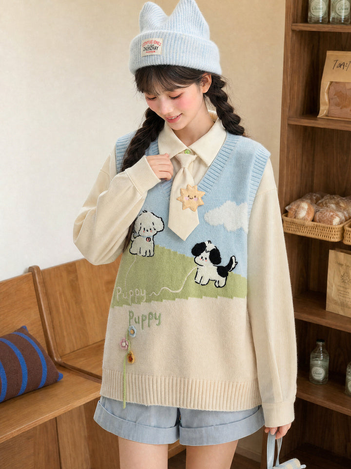 Puppy Meadow Knit Sweater Vest