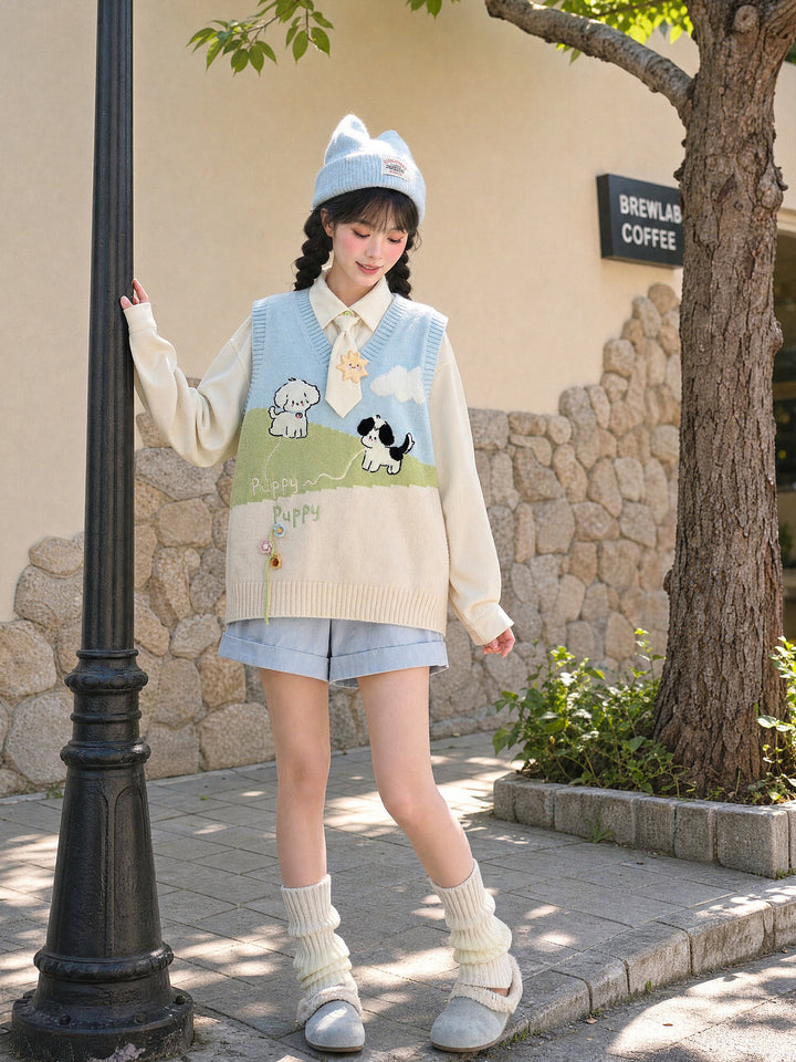 Puppy Meadow Knit Sweater Vest
