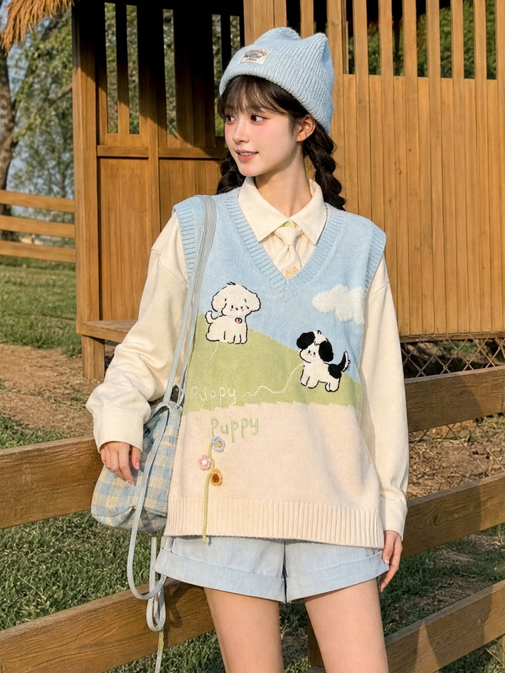 Puppy Meadow Knit Sweater Vest