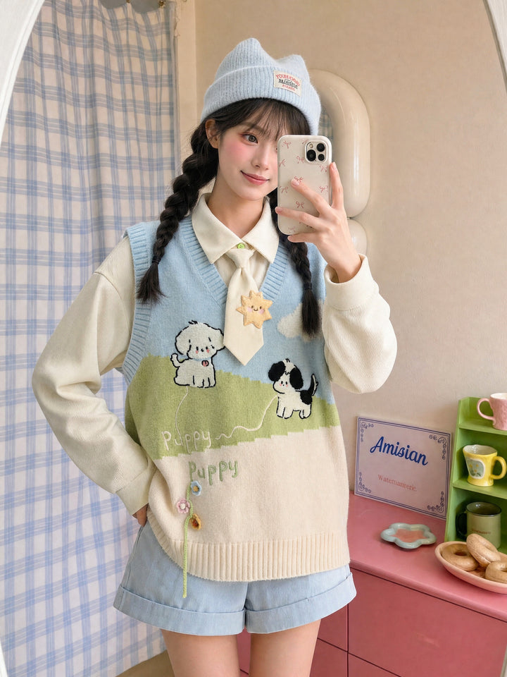 Puppy Meadow Knit Sweater Vest