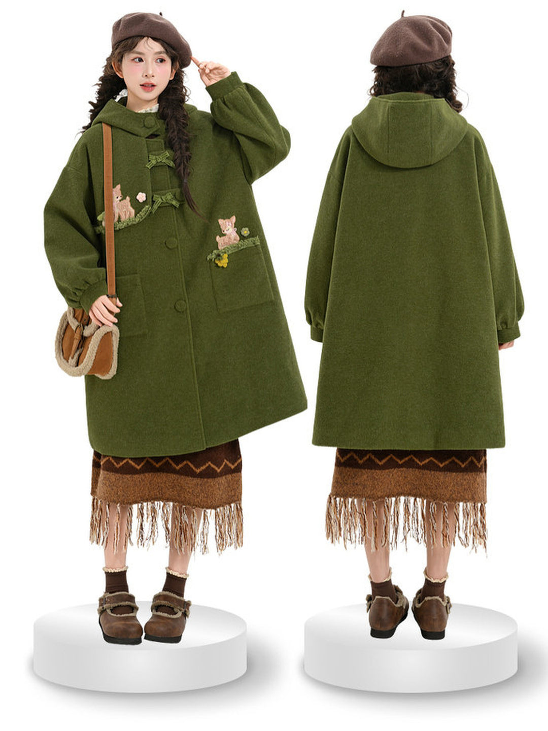 Mori Kei Deer Embroidered Hooded Coat