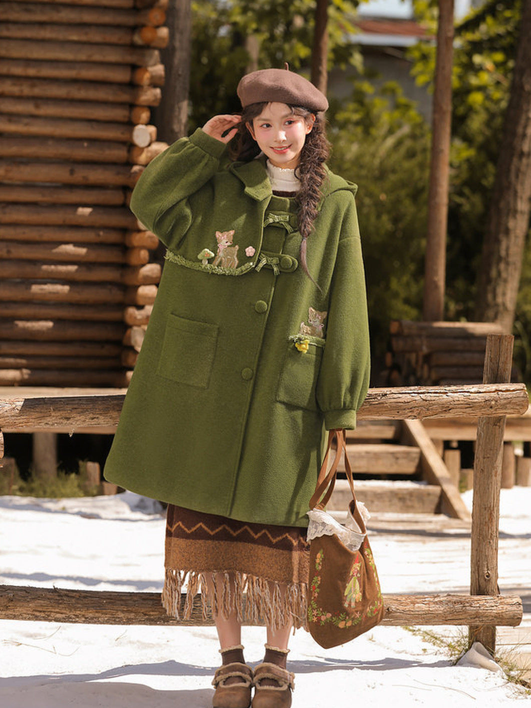 Mori Kei Deer Embroidered Hooded Coat