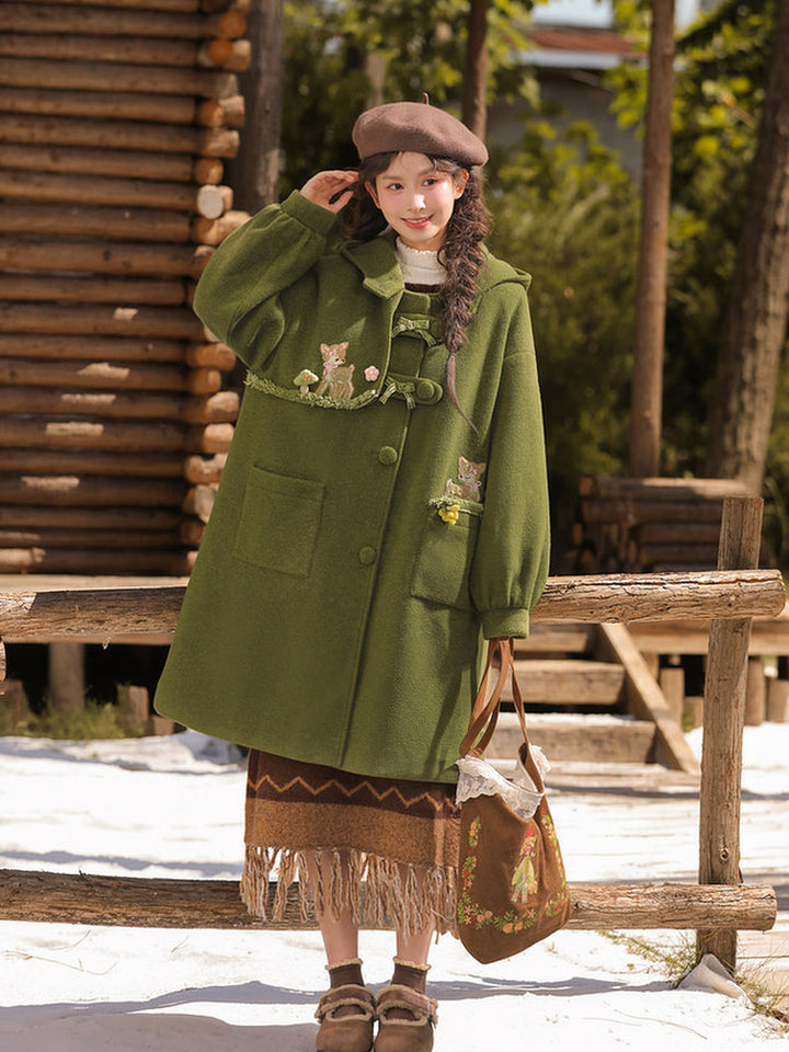 Mori Kei Deer Embroidered Hooded Coat