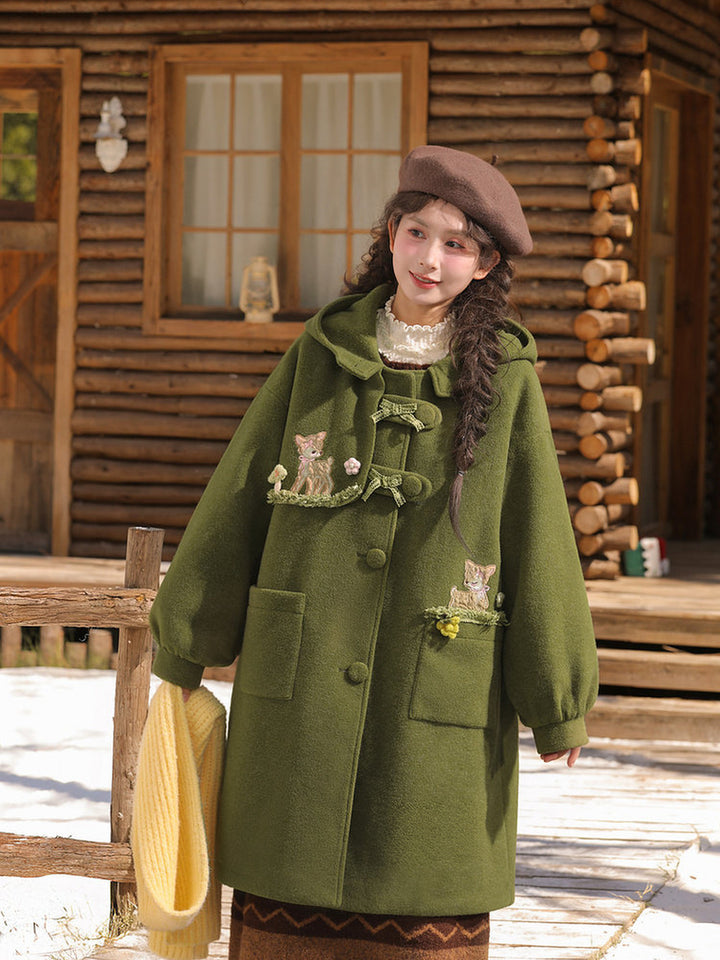 Mori Kei Deer Embroidered Hooded Coat