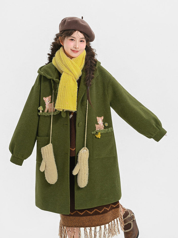 Mori Kei Deer Embroidered Hooded Coat