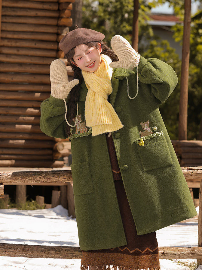 Mori Kei Deer Embroidered Hooded Coat