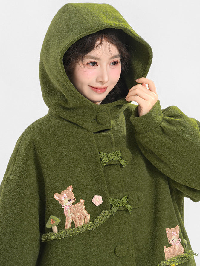 Mori Kei Deer Embroidered Hooded Coat
