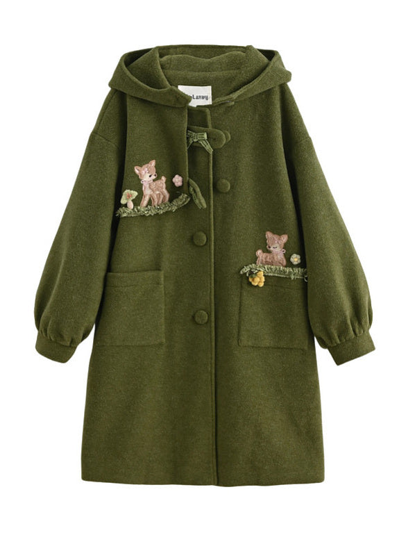 Mori Kei Deer Embroidered Hooded Coat
