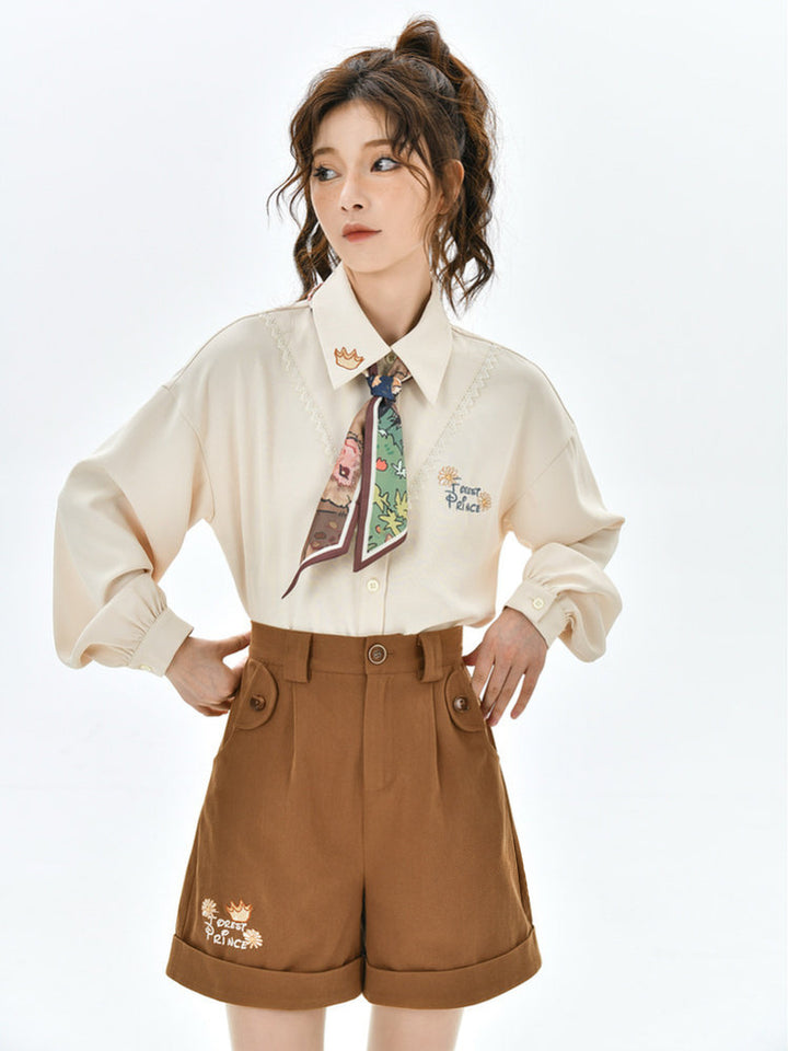 High-Waist Embroidered Cuffed Shorts