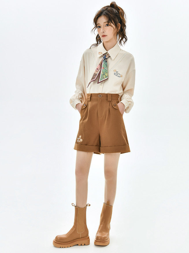High-Waist Embroidered Cuffed Shorts