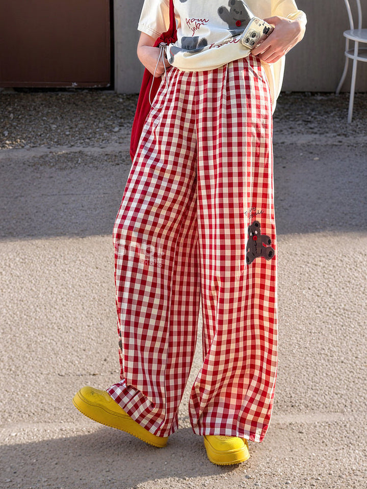 Red Gingham Bear Wide Leg Pants